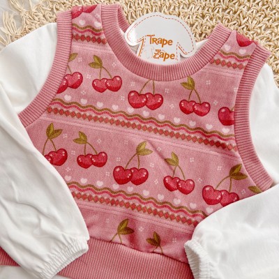 Conj. Colete Cerejinhas, Blusa Manga Longa e Short - Rose